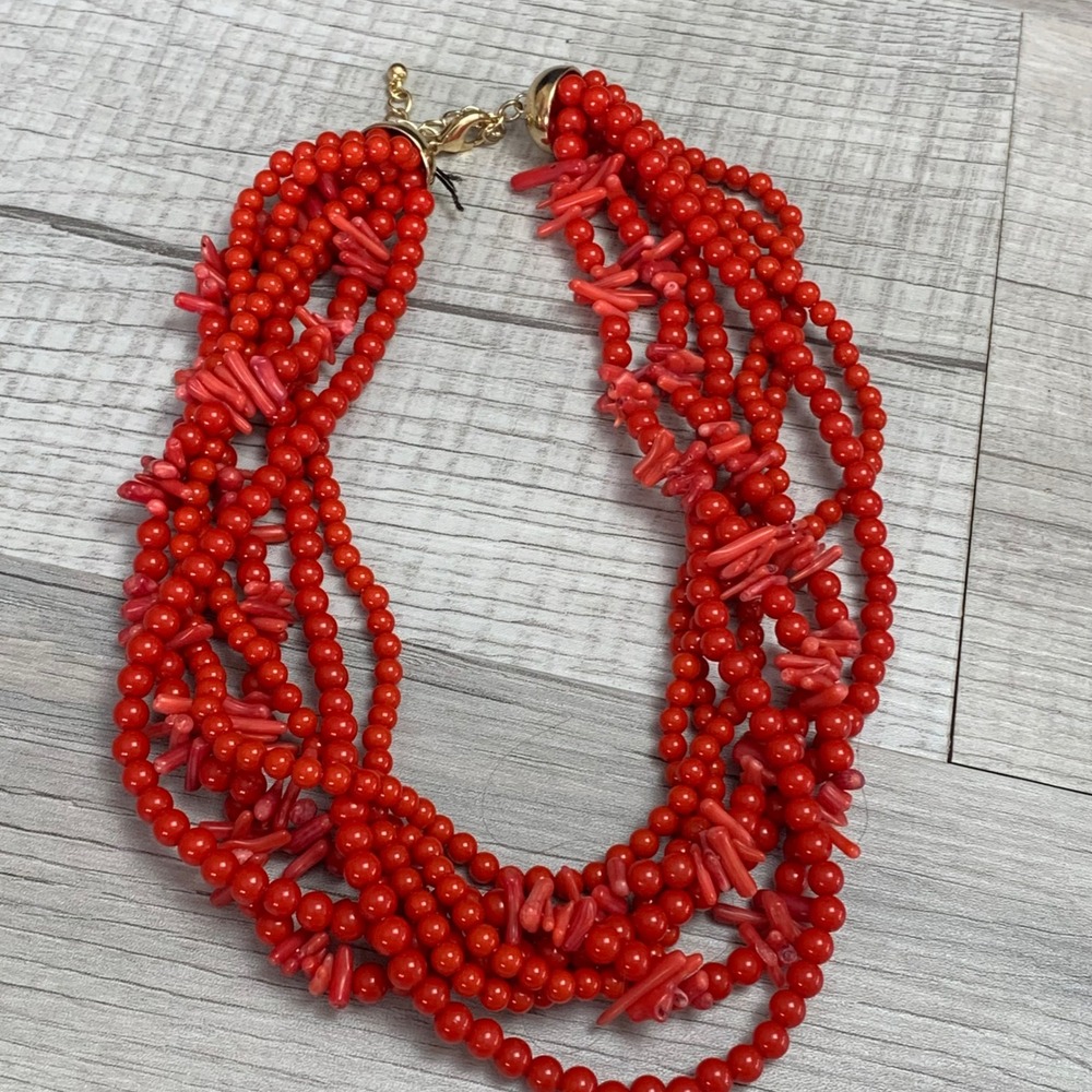 Red Multi Strand Statement Necklace Faux Coral Branch Bead Gold Tone 16in 4130 - Picture 4 of 6